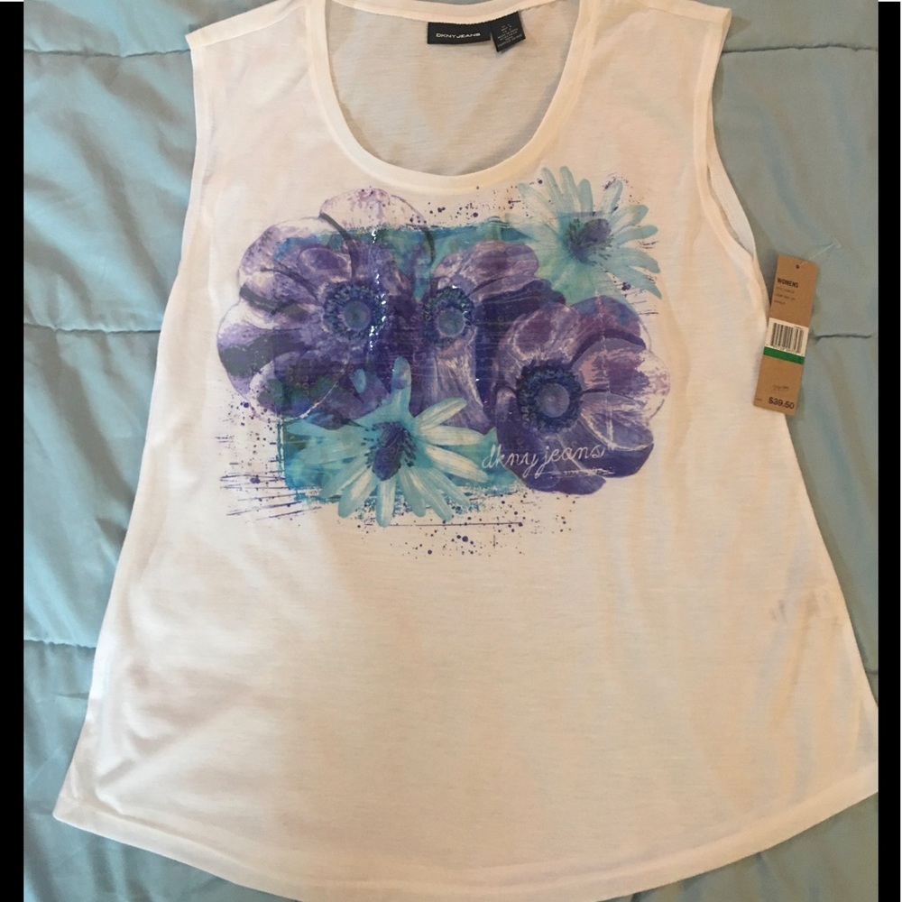 DKNY Jeans Tank Top White/Purple/ Blue, subtle sequins  Size L NEW Summer
